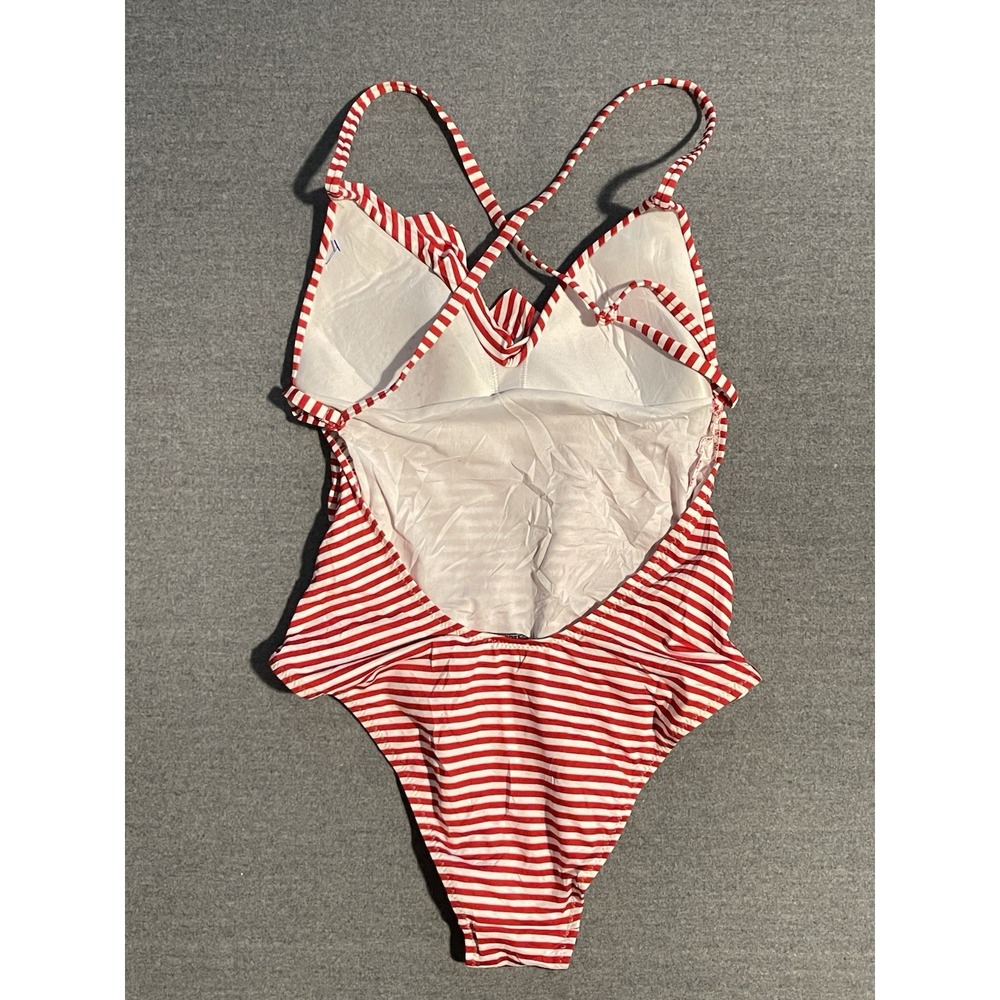 Red White Striped One Piece Swimsuit Ruffle Front Criss Cross Back Summer Swim - Picture 2 of 5
